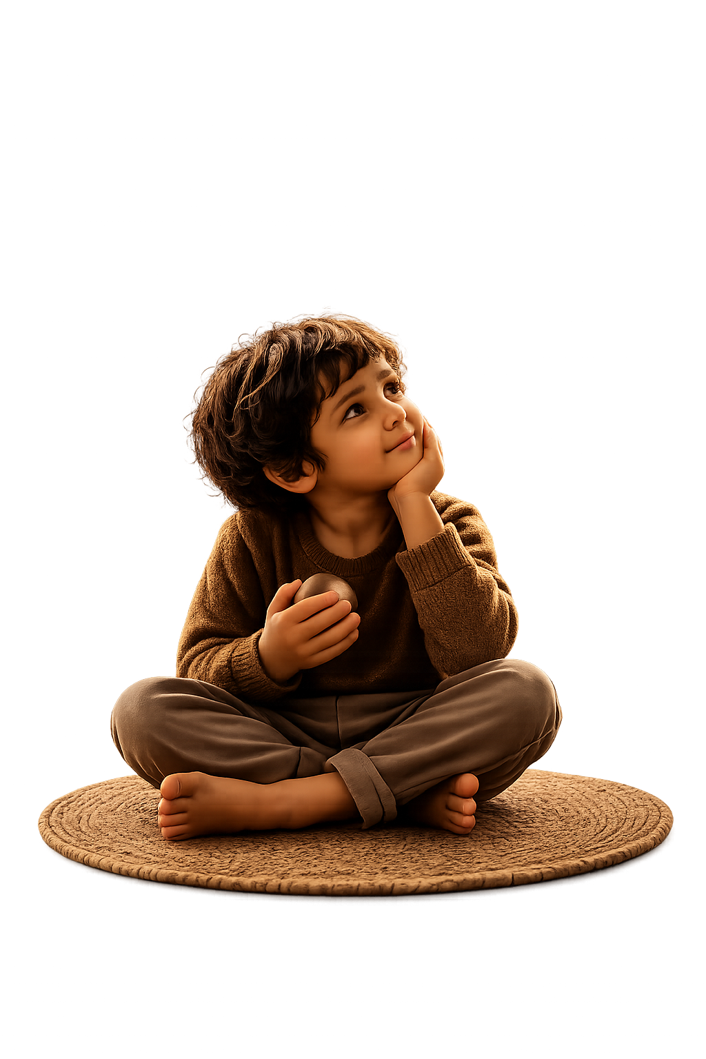 Child sitting cross-legged on a rug, gazing upward with wonder, holding the Fable One device